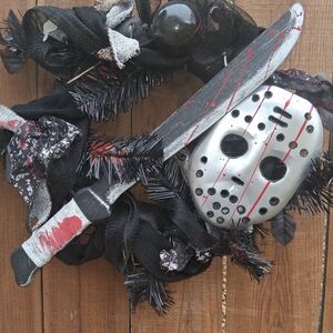 Horror Themed Wreath with Mask and Knife
